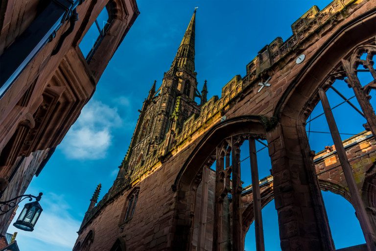 A view of the ruins of St Michaels Cathedral in Coventry, UK